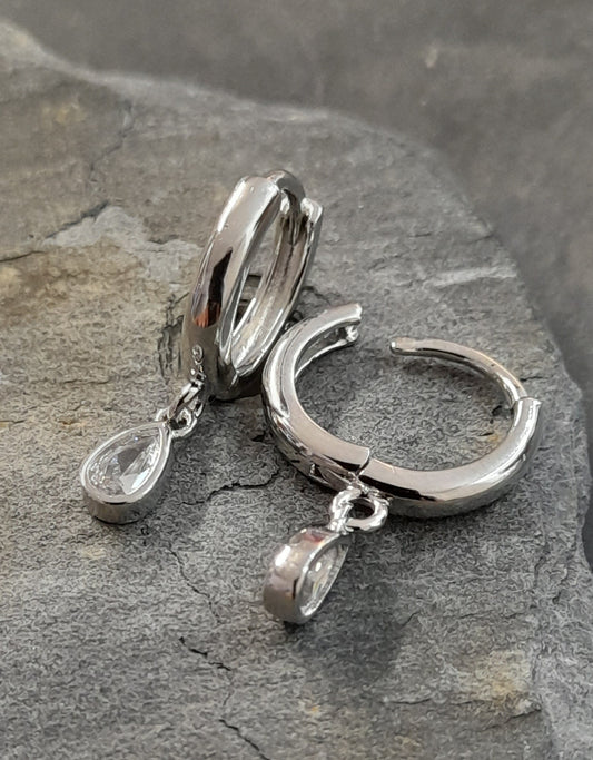 SE571B - 12MM CZ TEARDROP HOOP SILVER PLATE ER